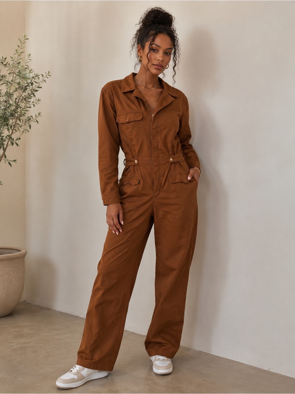 Good American Brown Snap-Front Jumpsuit - EUC